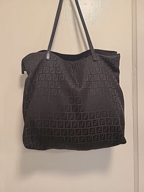 FENDI Black Zucca Nylon  Tote Shoulder Bag Monogram FF Logo Hardware Italy Auth